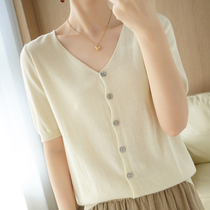 V - collar T - shirt woman Summer 2022 new fix - sleeved half - sleeved sweater short cotton wearing knitted tops
