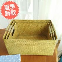  Hand-woven desktop finishing and storage l basket wooden handle storage box Study bedroom clothing storage basket f Towel basket