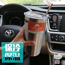 Large capacity car water Cup mug large size 304 stainless steel double insulation straw ice Cup coffee cup