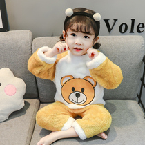 Childrens pajamas female coral velvet 3 years old girl baby baby girl flannel autumn and winter thick home clothing set