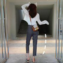 European station gray high-waisted suit pants womens 2022 early autumn new slim slim nine-point cigarette pipe pants