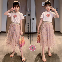 2021 Summer girls web yarn half-body dress anti-light spring and summer long paragraph a-word cruple-pleated skirt suit casual t-shirt