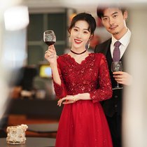 Long sleeve toast with 2022 new temperament Wine Red Bridal Pregnant Woman Betrothed Evening Gown Dress Big Code Fat Mm Summer