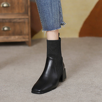 Martin boots Womens booties autumn and winter 2021 new mid-heel stretch knitted thin boots square boots women