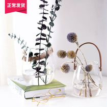 (Mountain Trees) Nordic minimalist wind leather handles glass vases Home Decorative Pendulum containing tank water pewter