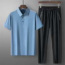 Middle Aged Seniors Summer Clothing Suit Fashion Ice Silk Speed Dry Short Sleeve T-shirt Male 40-50-year-old Dad clothes sports Two sets