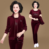 Mother Sportswear Suit Spring Autumn Big Code Foreign Air Relax Middle Aged Gold Velvet Suit Woman Three Sets