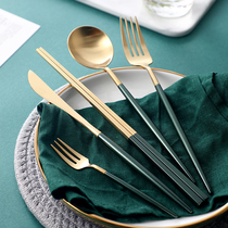 Dai green European style 304 stainless steel knife and fork spoon three-piece fruit fork household Western tableware brushed steak knife and fork