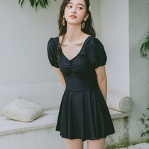 One-piece swimsuit female student girl skirt style conservative hot spring cover belly cover meat thin chest solid color swimsuit