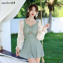 Korean Bubble Hot Spring Bathing Suit Women Conservative SLIM COVER LONG SLEEVE FLAT ANGLE LACE 2021 NEW SMALL CHEST COALING OVER LONG SLEEVES