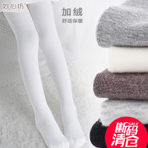 Childrens pantyhose autumn and winter plus velvet thickened white medium and large childrens clothing warm leggings jumpsuit girl dance socks