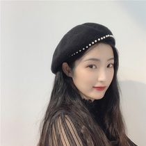 temperament ~ wool beret female autumn winter Japanese solid color British retro pearl elegant painter hat octagonal hat