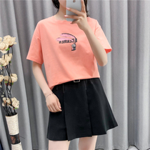 Round neck short sleeve cotton T-shirt womens new summer cotton candy color fashion cartoon print T-shirt womens ins tide