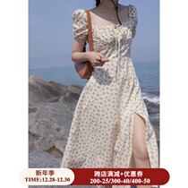 Ouyang Xi waist slim split long floral dress summer new print square collar bubble sleeve skirt