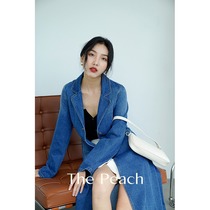 MICHELLY MO French vintage denim trench coat womens long overwear goddess fan loose coat coat autumn