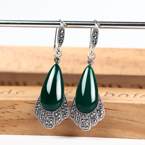 Jiashun S925 silver retro drop-shaped green agate chalcedony gem earrings earrings silver long temperament earrings