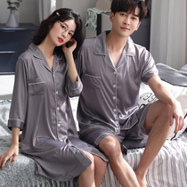 Japanese couple pajamas womens summer thin ice silk nightdress mens large size Silk Home suit cardigan short sleeve set