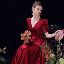 Toast to the bride 2022 new wedding engagement wine red banquets evening gown at large princess satin foam sleeves