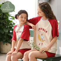  Childrens pajamas summer pure cotton thin short-sleeved girls middle and high school girls childrens home clothes Summer mother and daughter pajamas set thin