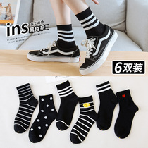 Socks womens mid-tube socks spring and summer cotton sweat-absorbing stockings ins tide cotton deodorant sweat-absorbing striped spring thin socks