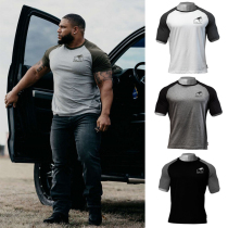 2022 Summer New Muscle Fitness Sibling Men Short Sleeve Sports Pure Cotton Printed Splicing Elastic T-Shirt Blouse