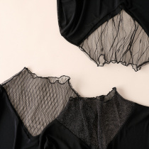 2021 Spring and Autumn long sleeve mesh stitching lace top shirt sexy V neck black base shirt Women