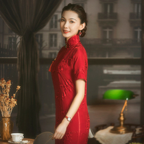 Red Pavilion silk cheongsam mulberry silk red Chinese wedding dress bride toast summer Chinese style old face