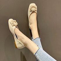 Single shoe 2022 new flat bottom light mouth small fragrant wind one foot pedal spring womens shoes square head soft leather late evening wind gentle shoes