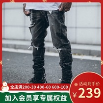 PRBLMS Tide brand retro hole jeans mens national tide heavy industry washing destruction old slim straight pants Black