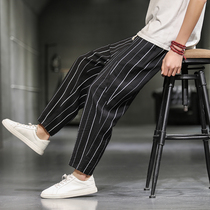 Autumn Cotton Harren Pants Men Plus Size Chinese Striped Straight Pants Youth Casual Linen ankle-length pants Tide