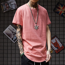 Japanese simple Harajuku style solid color medium long short-sleeved T-shirt Hip-hop hip-hop trend dark black high street mens T-shirt