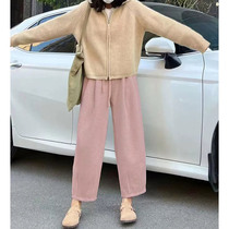 Honey color xuan pink elastic waist drawstring wool wide-leg pants womens 2022 autumn and winter new cropped trousers and pants
