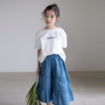 Girls wide leg pants Korean version 2021 summer new big children denim loose skirt pants Joker casual pants