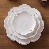 Jingdezhen pure white household bone china relief large round plate Western dish flat ceramic pasta plate