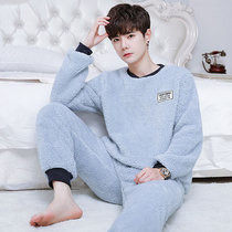 Autumn and winter thick flannel pajamas men Middle-aged cardigan long sleeve plus velvet warm coral velvet mens set size