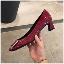  Square head high heels womens spring 2021 new all-match red thick heel square buckle shallow mouth real patent leather heel shoes