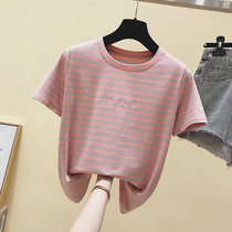 Korean Striped T-Shirt Woman Short Sleeve 2020 Summer Dress New Korean Version Loose Embroidery Half Sleeve Ultra Fire Ins Pure Cotton Blouse