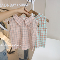 Pure cotton literary plaid shirt Korean baby clothes 2021 summer clothes new boys and girls baby sleeveless top