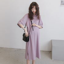 Pregnancy Woman Dress Summer Dress Season T-Shirt Dress With Dress Length Pure Cotton Loose With Knee-laced Polo Big Code Three Grain Buttons Z