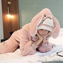 Autumn and winter men and women couple hooded plus velvet couple pajamas flannel home wear winter long sleeve warm pajamas