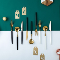 Retro green ceramic handle black white dessert Western steak stainless steel knife and fork spoon set household cutlery