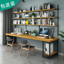 Nordic solid wood living room computer desk desk bookshelf combination bookcase integrated bookcase wall-mounted Workbench against wall