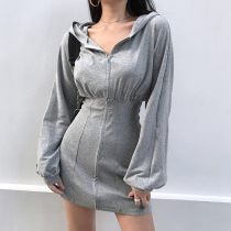 H home European and American style high waist hip sweater skirt women Street hooded zipper bag hip dress sexy lantern sleeve autumn