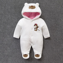 Baby jumpsuit autumn and winter thickened feet cotton-padded clothes female baby out to hold clothes and feet full moon winter clothes