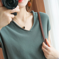 Summer thin-style knitted sweatshirt woman short sleeve 2021 new V collar T-shirt female display slim Han version loose 100 hitch big code blouse