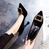 Water drill square buckle High heel Shoe Girls fine heel 2020 Spring new winter 100 lap black Little fresh cat heel Single shoes