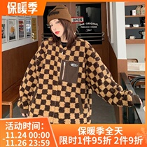 NEIGBORL tide card checkerboard sheep curly coat men autumn and winter Joker baseball collar plus velvet padded cotton suit