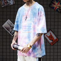 Japanese Harajuku style Tie-dye rainbow t-shirt Short sleeve Student half sleeve trend hip-hop cartoon animation Graffiti T-shirt