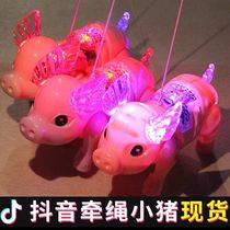 Children's electric rope pig music glow can walk pig shake sound with pig toy stall hot selling 3181