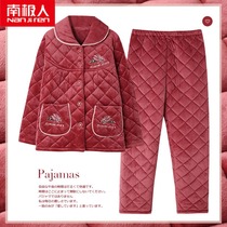 Pajamas women winter coral velvet cotton three layers thick plus velvet warm middle-aged elderly mother home clothes autumn and winter